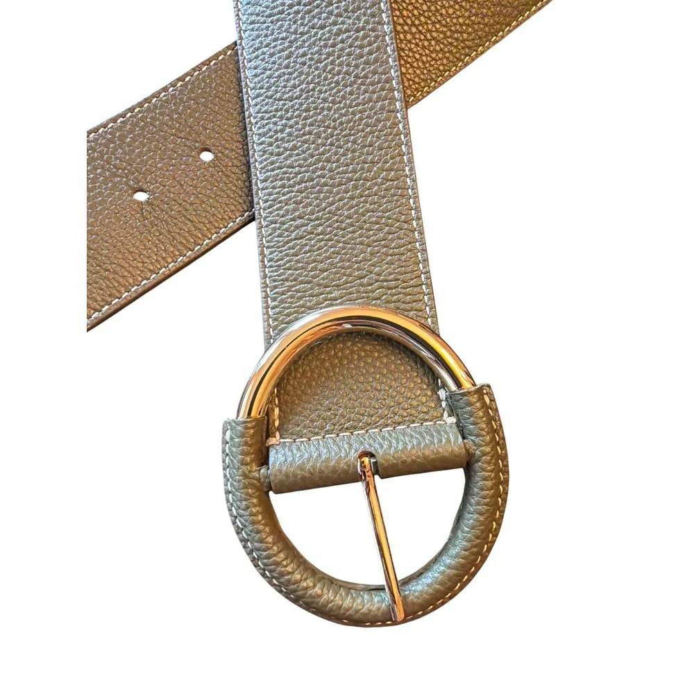 Talbots Belt Green Pebbled Leather Round Buckle VN5312 Wide Contrast Stitch L